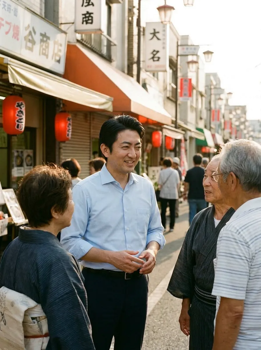 商店街で対話する佐藤健一